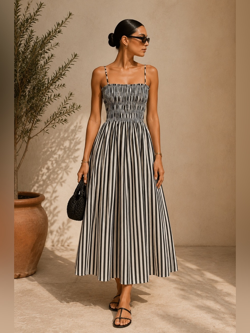 Commense Black & White Vertical Stripe Smocked Maxi Dress